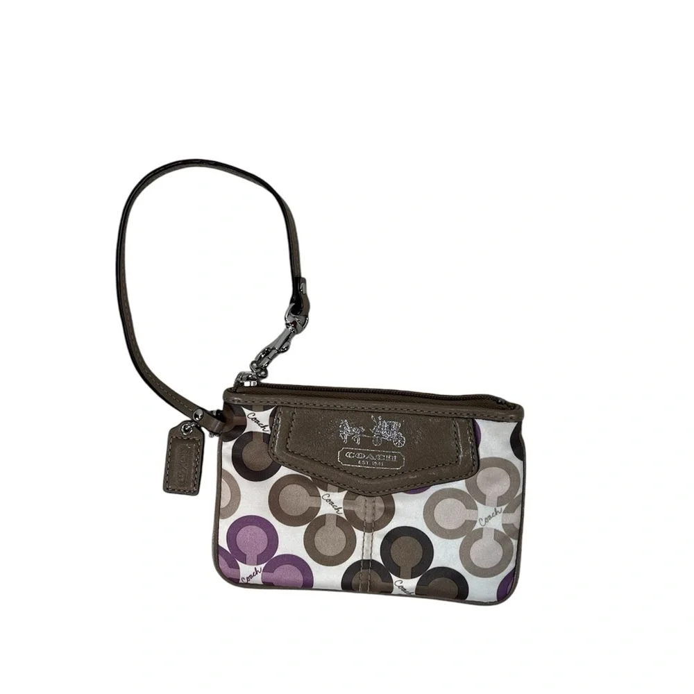 Coach Signature Circle Print Wristlet in Brown, Cream & Purple